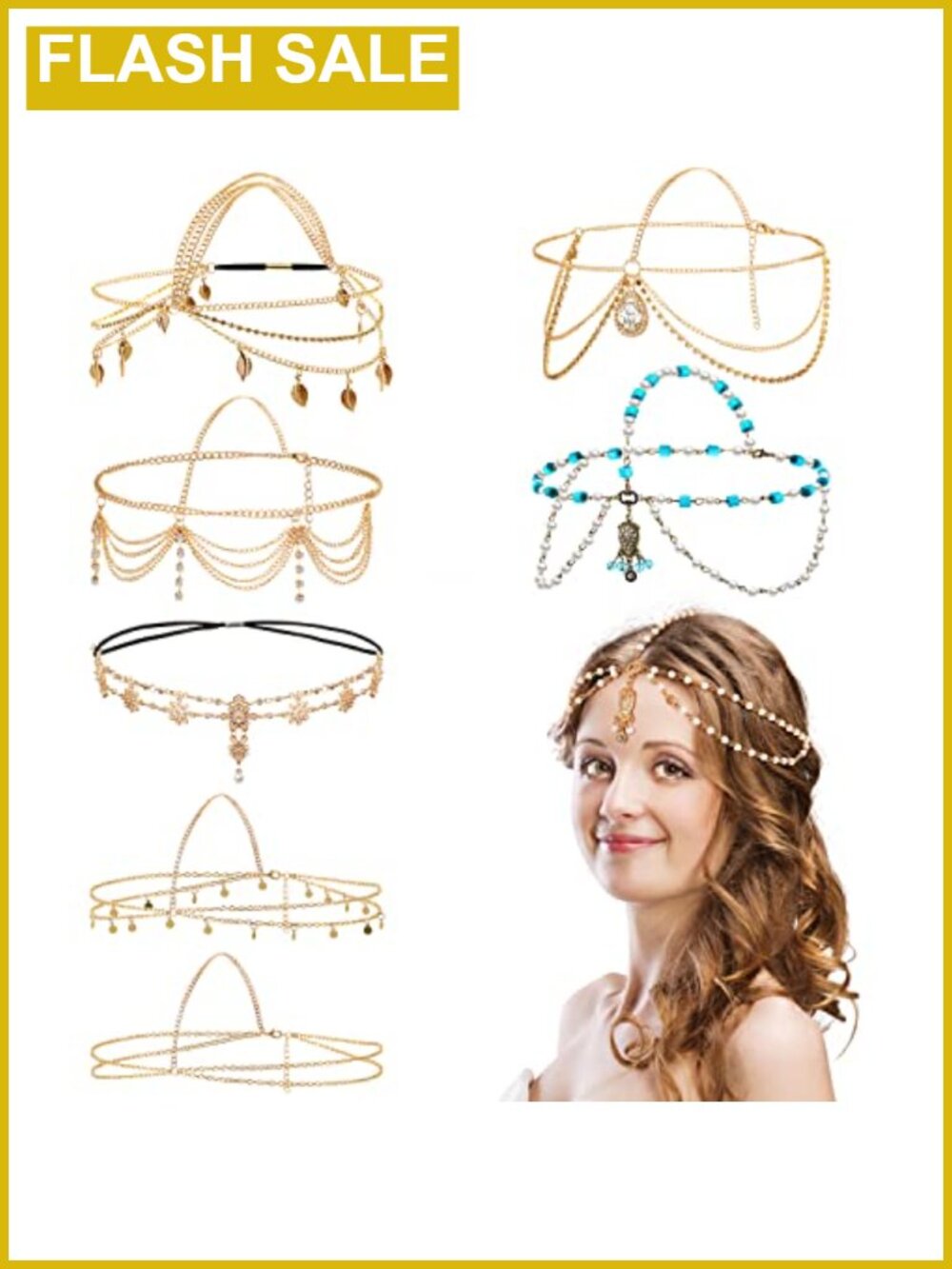 Gold Plated Alloy Head Chain Set 8 Pc Rhinestone Pearl Tassel Halloween
